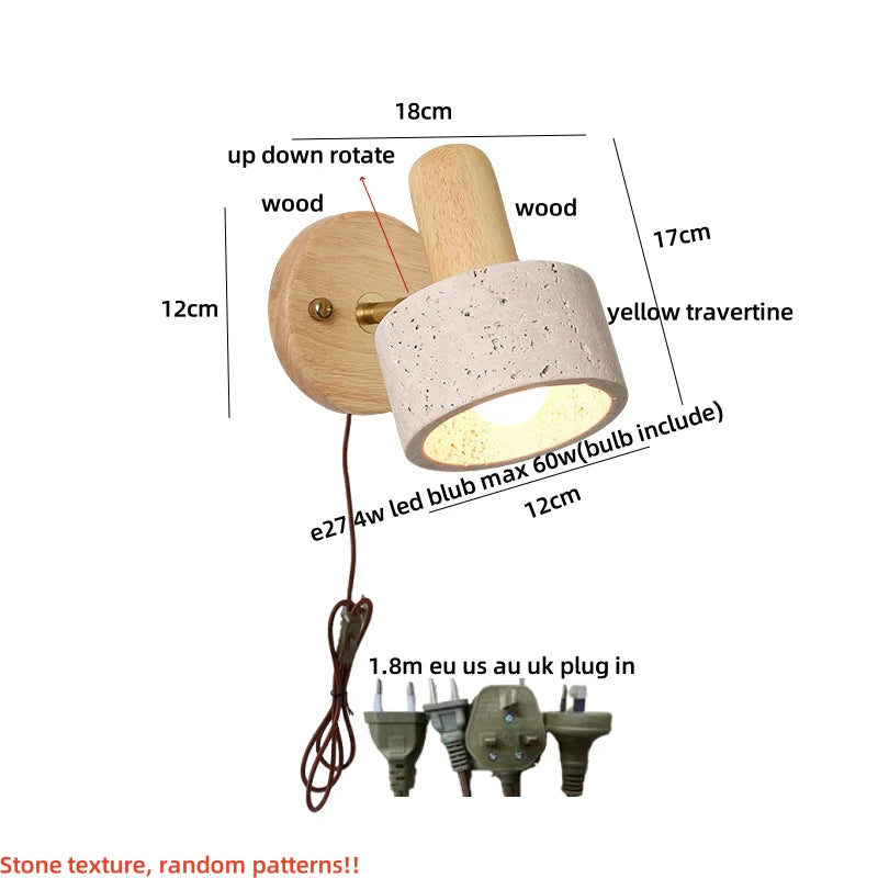 Yellow Travertine Stone Natural Wood LED Wall Light Bedside Lamp