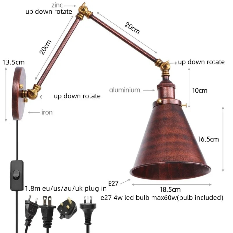 Vintage Iron Gold LED Wall Lamp with Long Arm and Pull Chain Switch