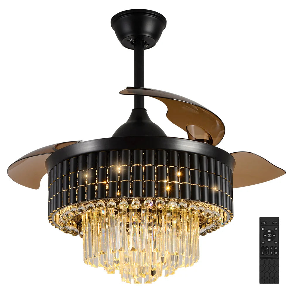 Crystal Fandelier Ceiling Fan with Retractable Chandelier & Invisible Blades