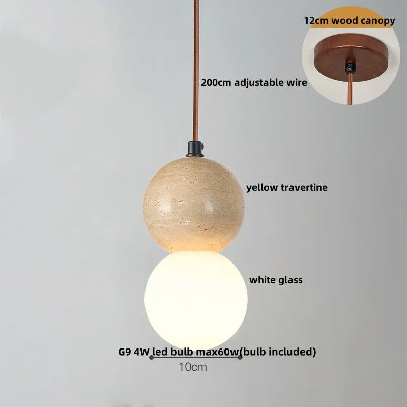 Yellow Travertine Wood Wire Adjustable LED Pendant Lights Modern Nordic Living Room