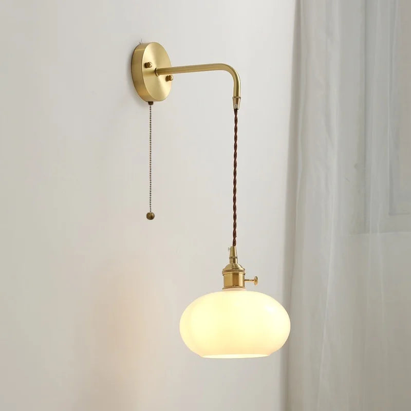 Glass Copper LED Wall Lights with Knob Switch, Modern Bedside Lamp