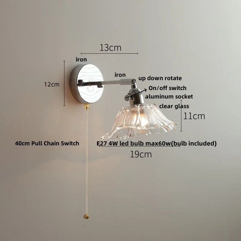 Afralia™ Iron Rotate LED Wall Light Modern Pull Chain Switch Clear Glass Wandlamp