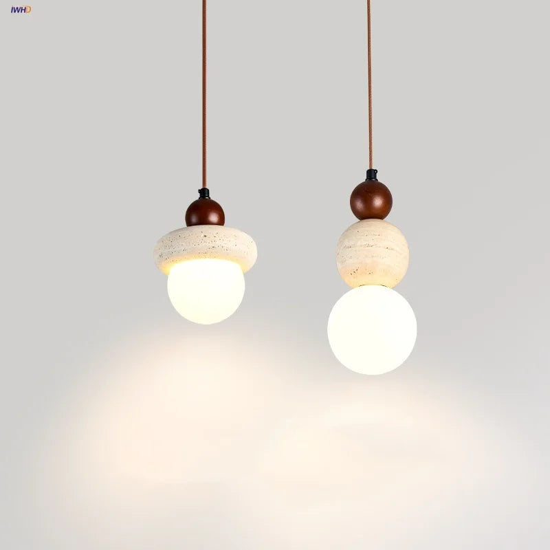 White Glass LED Pendant Lamp with Wood Base - Nordic Modern Hanging Light
