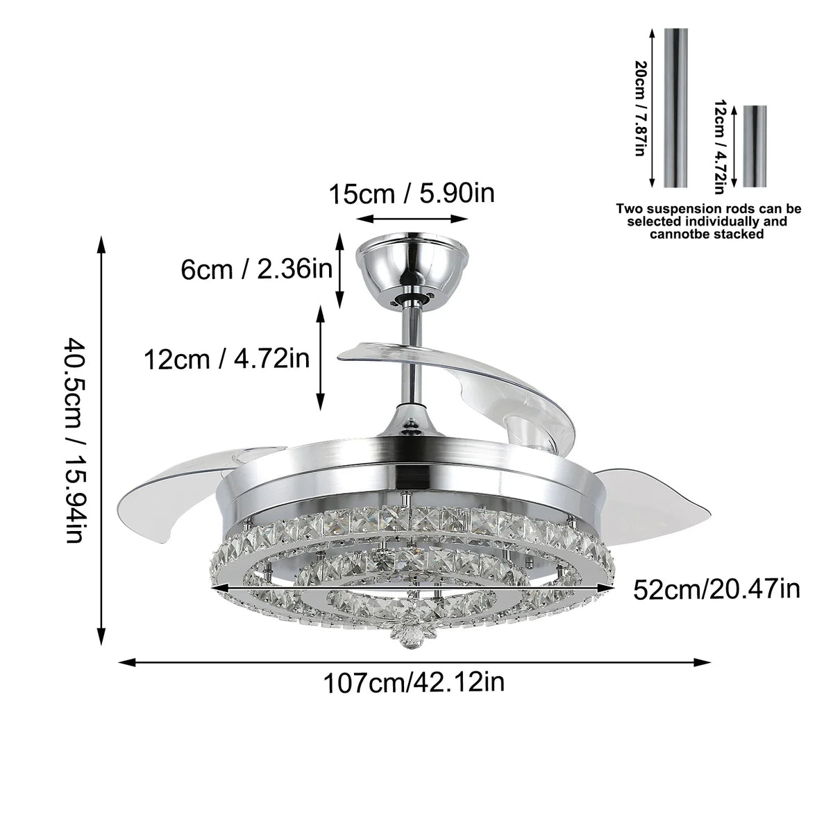 Modern Crystal Chandelier Fan with Retractable Blades and Dimmable LED Light