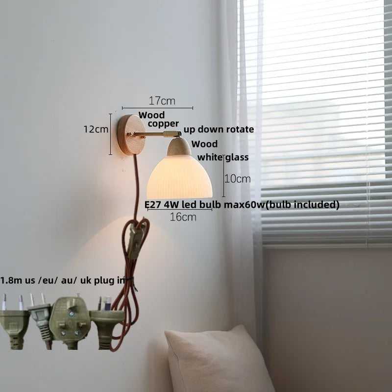 Wood Canopy LED Wall Light Pull Chain Switch Nordic Modern Bedside Sconce
