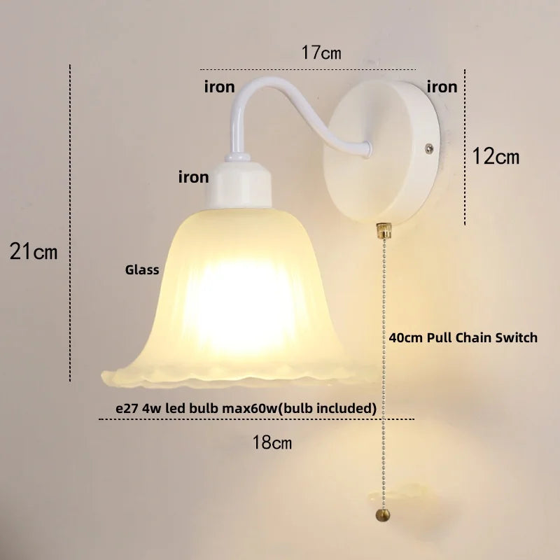 Afralia™ Glass Iron LED Wall Sconce Pull Chain Switch White Stair Light