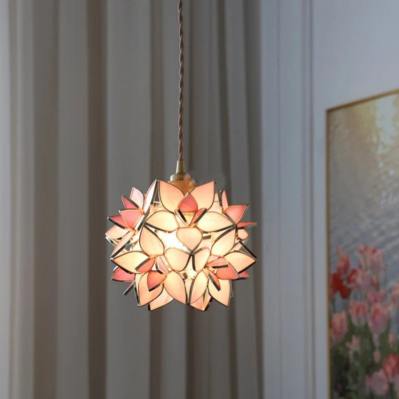 Flower Glass Pendant Lamp E27 Copper Hanging Light - Adjustable 200cm Wire