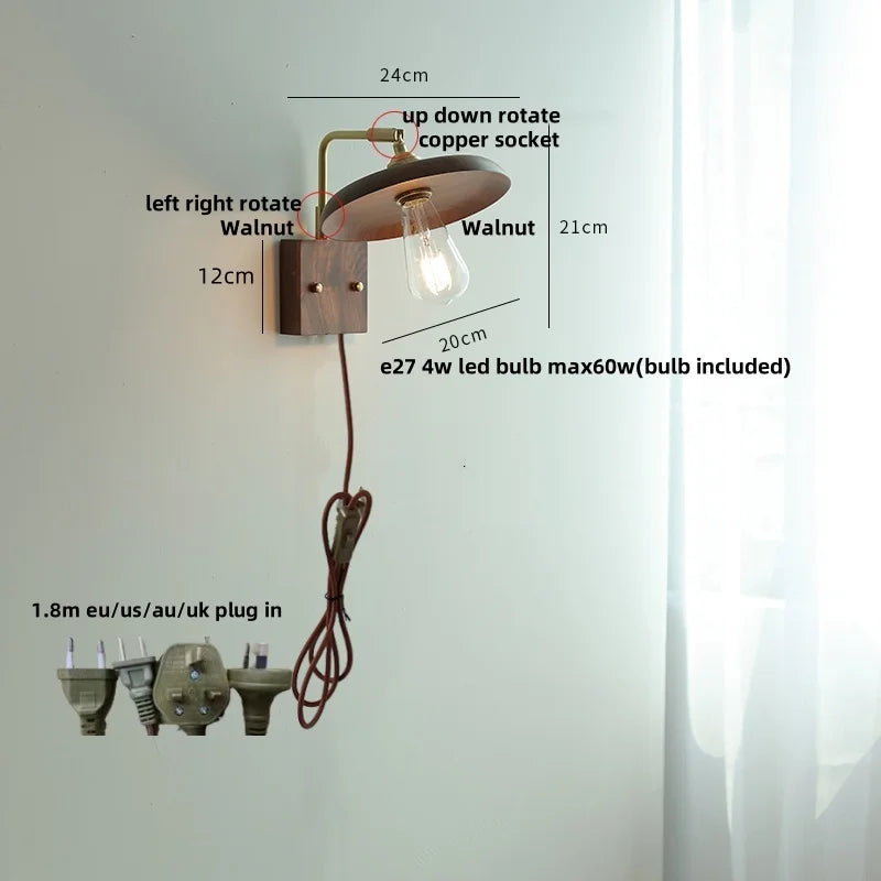 Walnut Wood LED Wall Sconce, Copper Toggle Switch, Vintage Loft Style