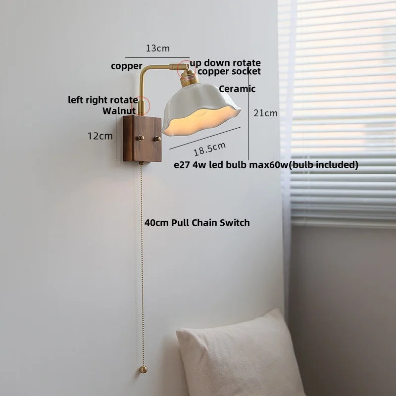 Modern Walnut Brass LED Wall Light Rotatable Bedside Sconce Stair Fixture
