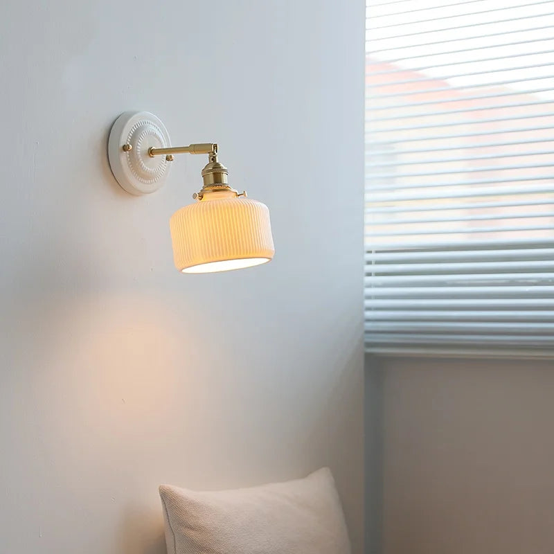 Afralia™ Copper Ceramic LED Wall Light with Pull Chain Switch for Living Room Decor.