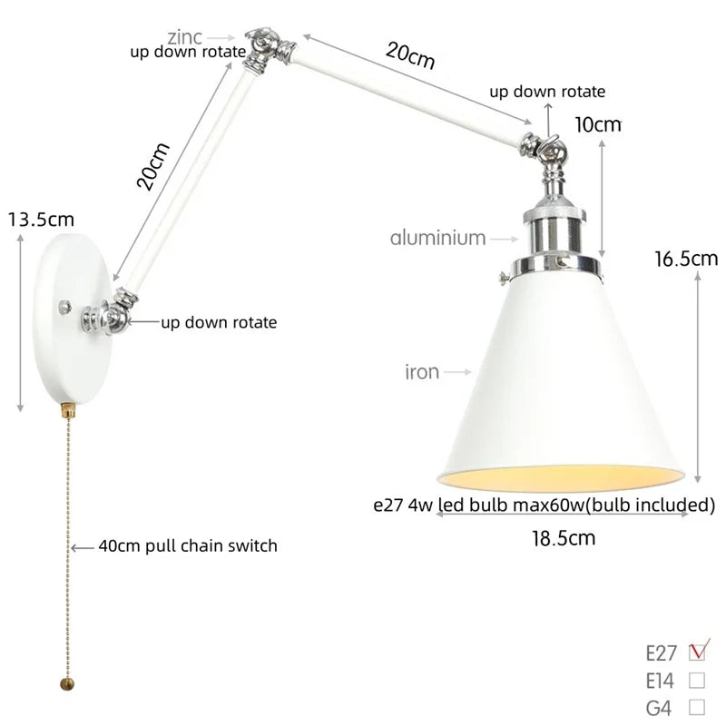Vintage White LED Wall Sconce Stair Light Fixture with Pull Chain Switch