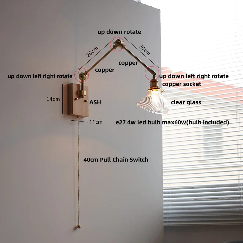 Walnut Copper Swing Arm LED Wall Light Fixture for Nodic Home Decor