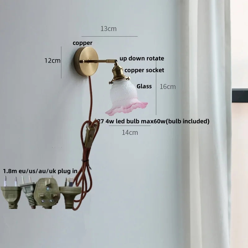 Afralia™ Flower Glass LED Wall Light - Vintage Rotate Copper Bedside Lamp