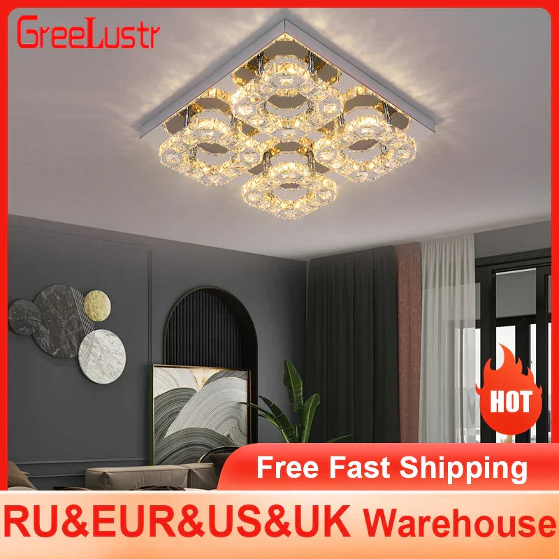 Crystal LED Ceiling Light: Modern Square K9 Chandeliers, Dimmable Stainless Steel Fixture.