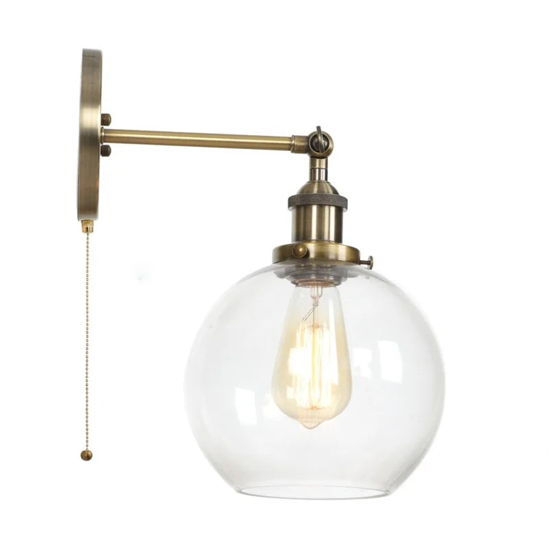 Vintage Glass LED Wall Sconce Iron Pull Chain Switch Light
