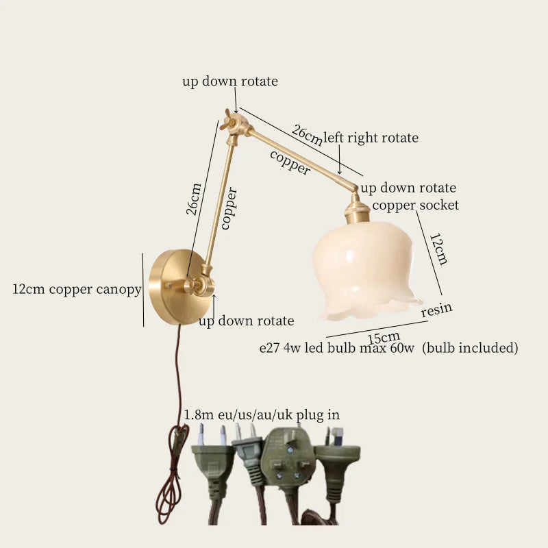 Afralia™ Cream Resin LED Wall Lights with Pull Chain Switch - Vintage Copper Bedside Lamp