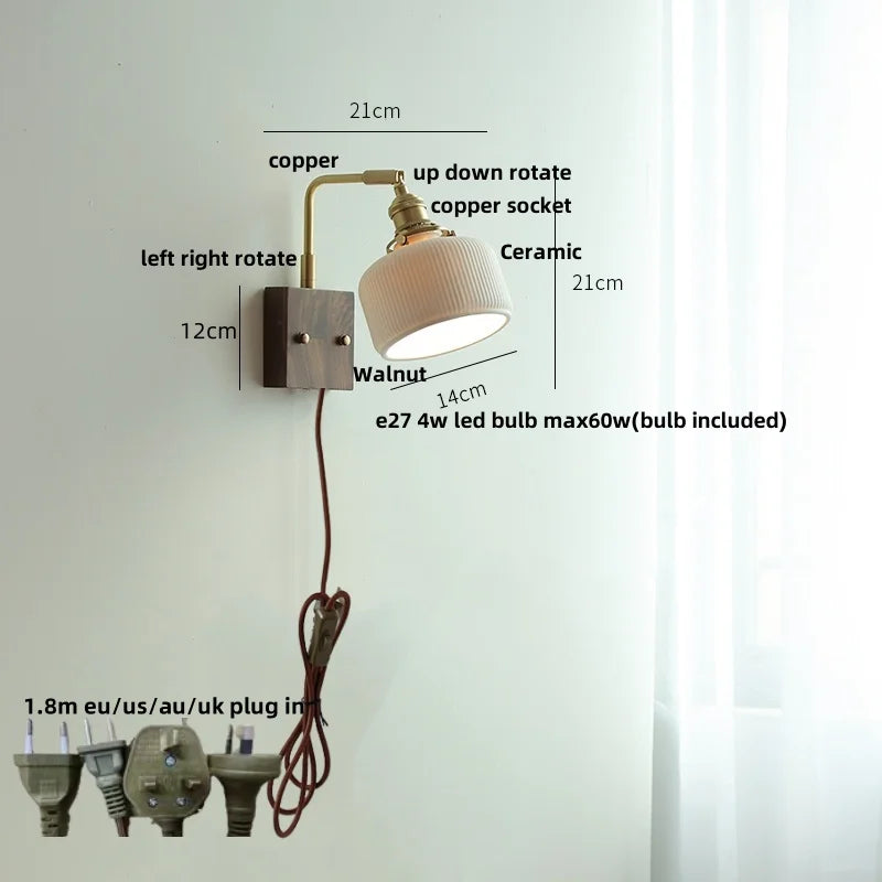 Afralia™ Globe Ceramic Walnut Wood Wall Light with Pull Chain Switch and Rotatable Design