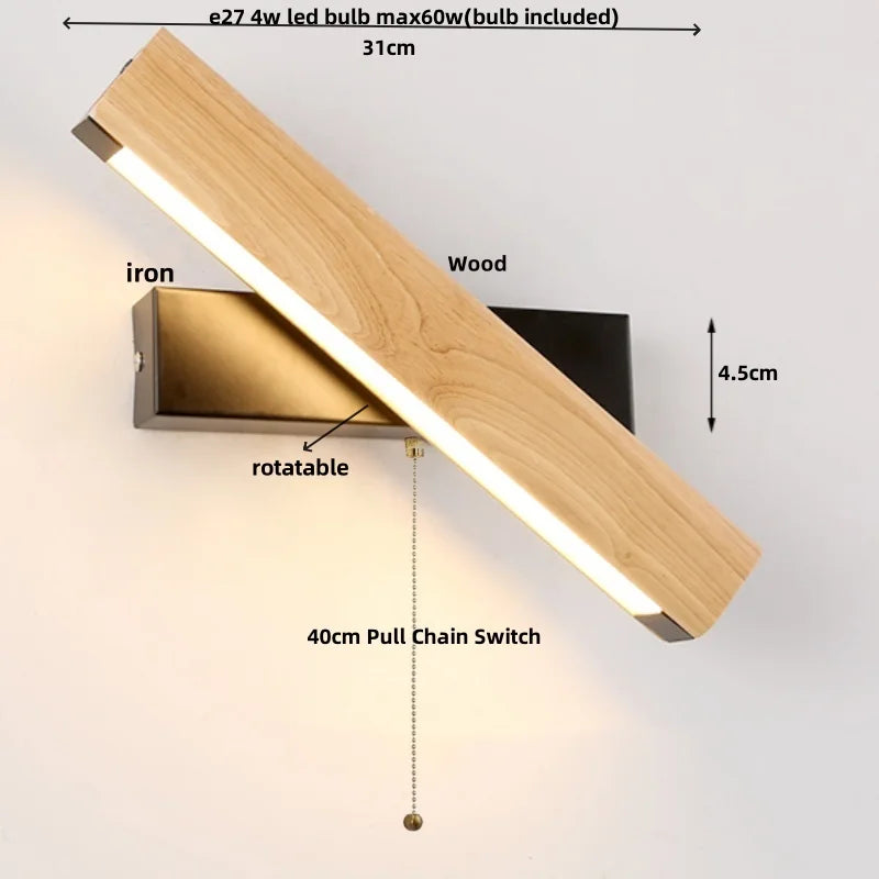 Afralia™ Rotatable Nordic LED Wall Sconce Pull Chain Wood Stair Light