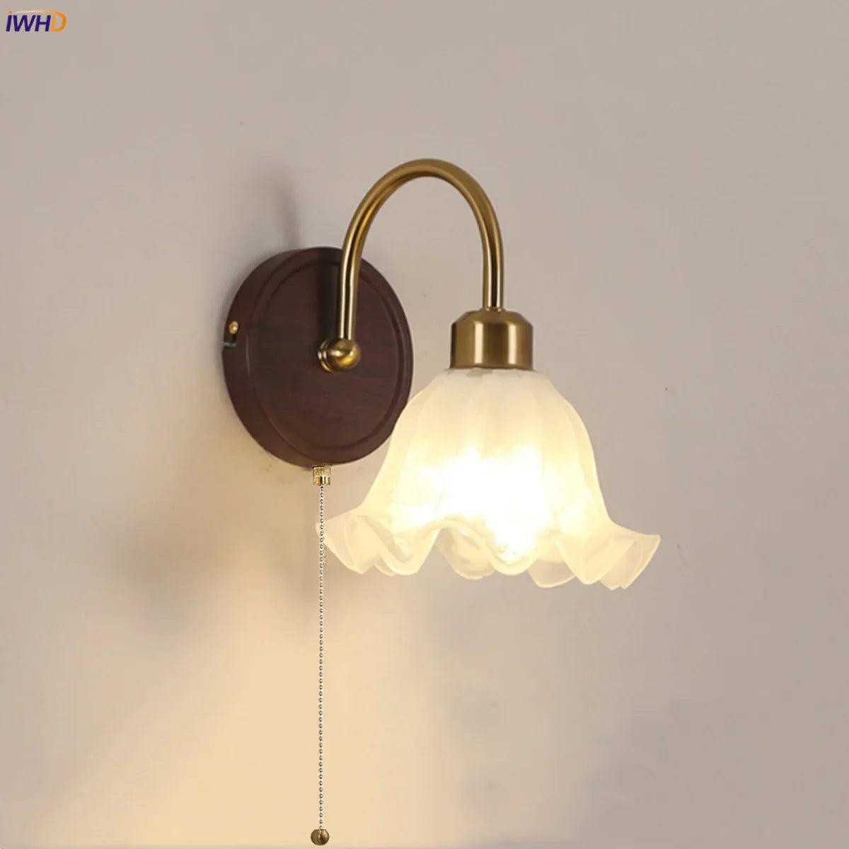 Afralia™ LED Wall Light Glass Fixture Pull Chain Switch Wood Bedside Sconce