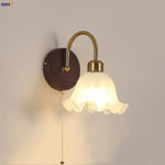 Afralia™ LED Wall Light Glass Fixture Pull Chain Switch Wood Bedside Sconce