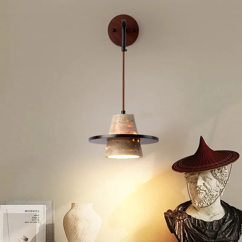 LED Yellow Travertine Stone Wall Lamp with Pull Chain Switch