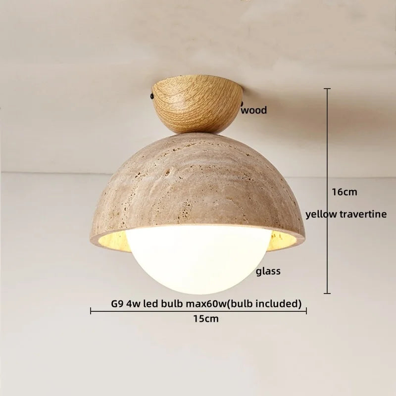 Natural Yellow Travertine Wood Canopy LED Ceiling Light - Nordic Modern Ellipse-Look