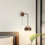 Yellow Travertine LED Wall Lamp Pull Chain Switch Stone Wood Modern Light