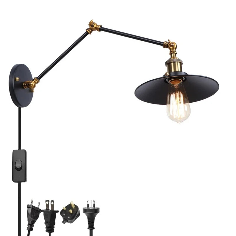 Black Iron LED Wall Light Fixture Industrial Vintage Adjustable Long Arm