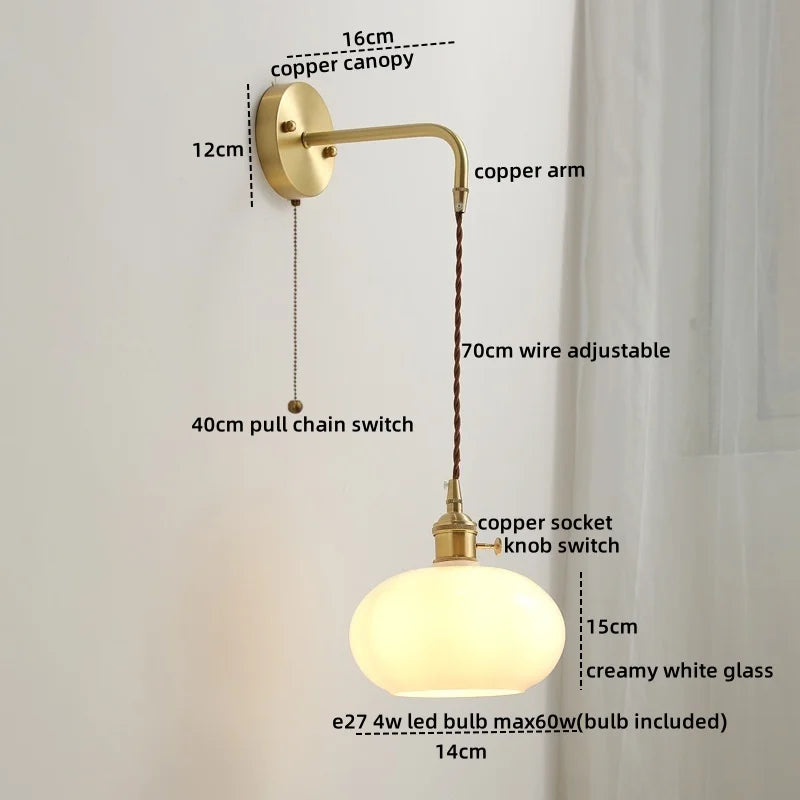 Ceramic Copper LED Wall Lamp with Pull Chain Switch for Modern Style Interiors