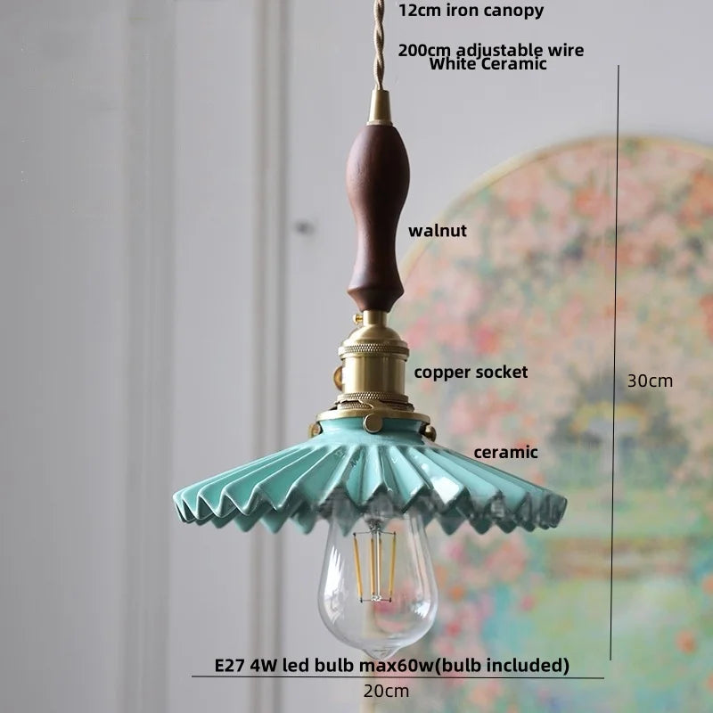 Afralia™ Nordic LED Pendant Light Walnut Wood Green Ceramic Hanging Lamp