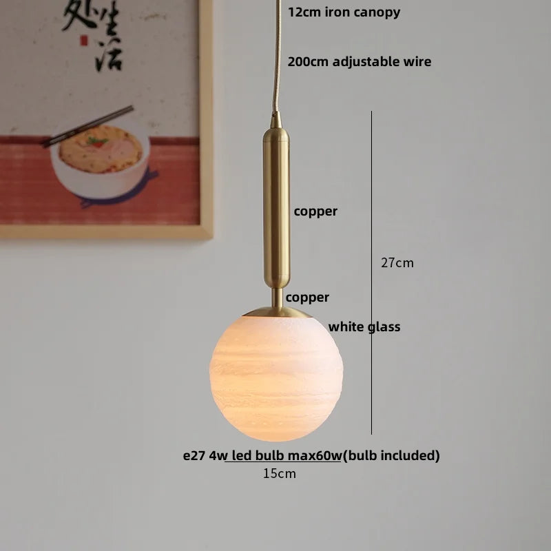 White Glass LED Pendant Lamp Copper Hanging Light Nordic Modern