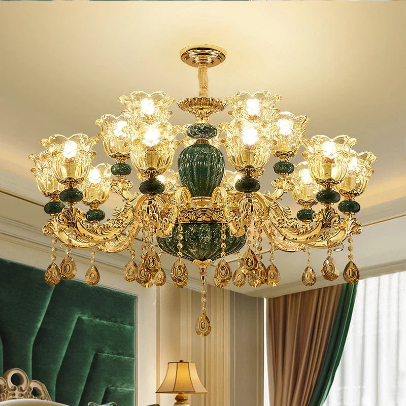 LED Crystal Ceramic Retro Ceiling Chandelier European Style Luxury Lamp