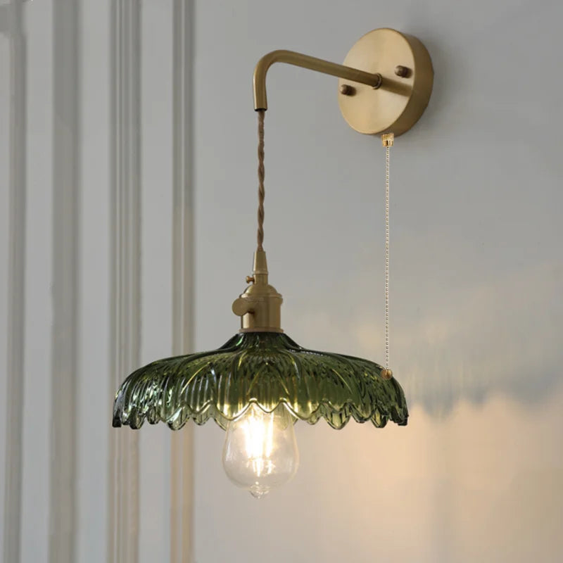 Amber Vintage LED Wall Light Glass Copper Pull Chain Switch Hallway Lamp
