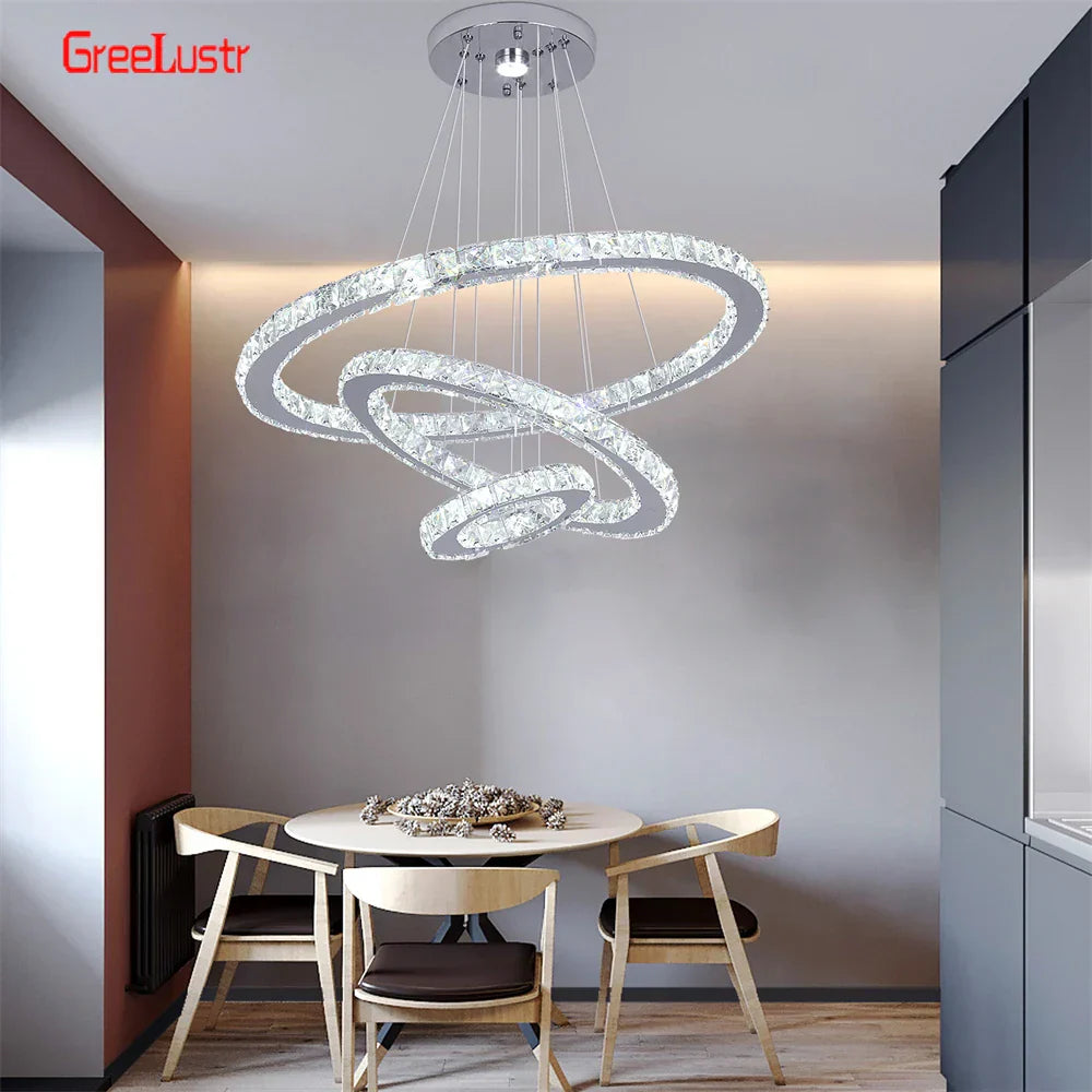 Crystal Chrome LED Pendant Light Rings Chandelier for Living Room Bedroom