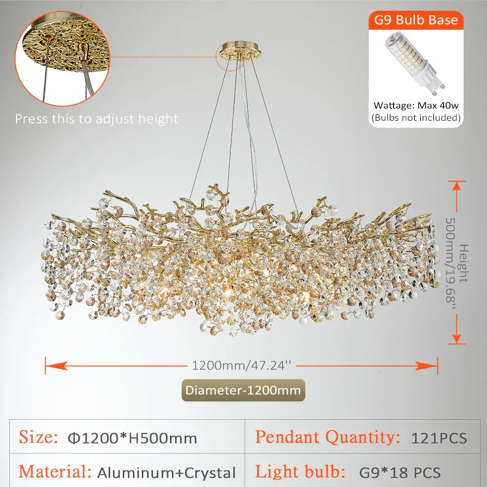 Sun Crystal Gold Lustre Chandelier: Nordic Villa Restaurant LED Ceiling Lamps