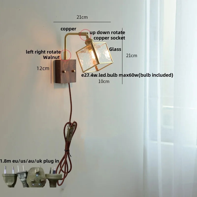 Walnut LED Wall Sconce, Vintage Glass Cube Stair Light Fixture