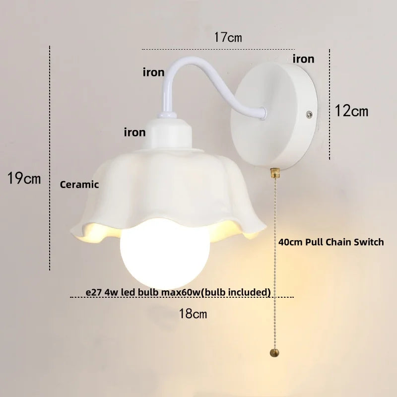 Glass Iron LED Wall Sconce Pull Chain Switch Stair Light Fixture for Bedroom