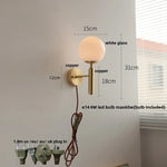 White Glass LED Wall Sconce with Pull Chain Switch, Modern Copper Base Mirror Light