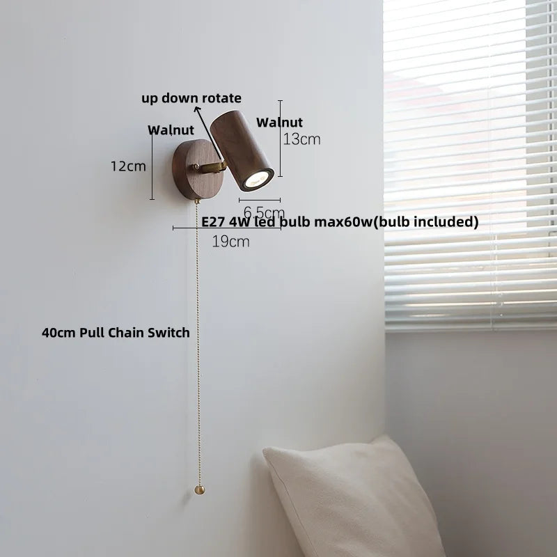 Walnut Wood LED Wall Lights Bedroom Copper Rotate Glass Pull Chain Switch