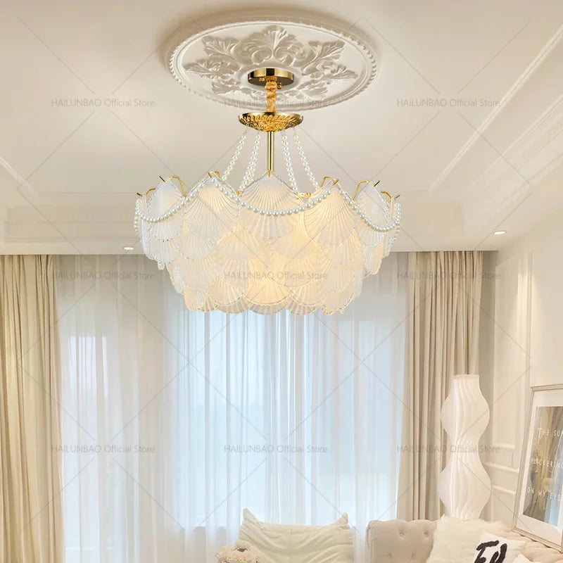 Shell Pearl Glass Crystal Chandelier for Modern Luxury Living Room