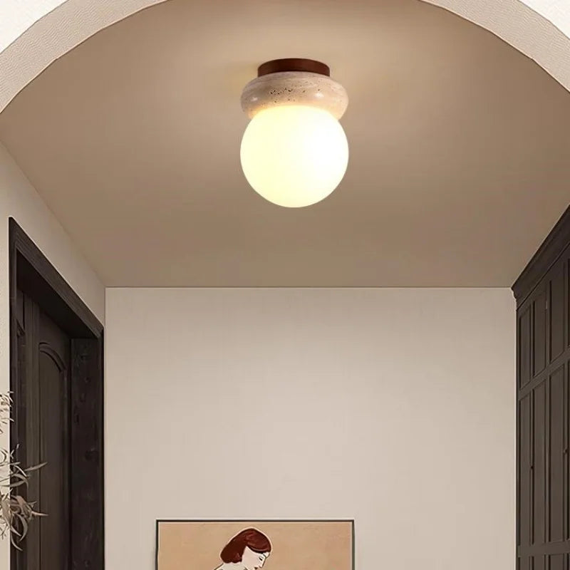 Yellow Travertine Glass LED Ceiling Light Japan Style Wood Base Plafonnier