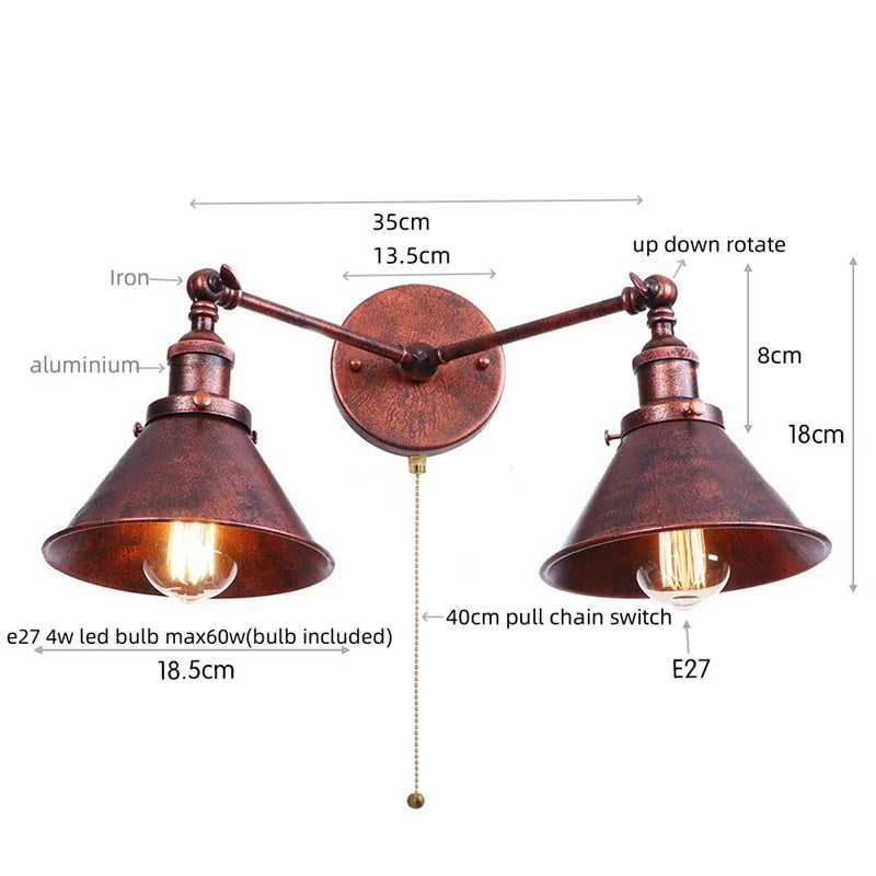 Afralia™ Industrial Vintage LED Wall Light Iron Gold 2 Heads Simple Lamparas De Pared.