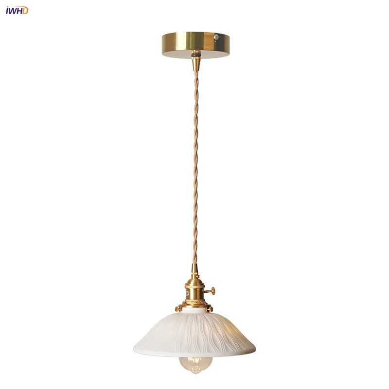Copper Ceramic LED Pendant Lights Walnut Wood Hang Lamp