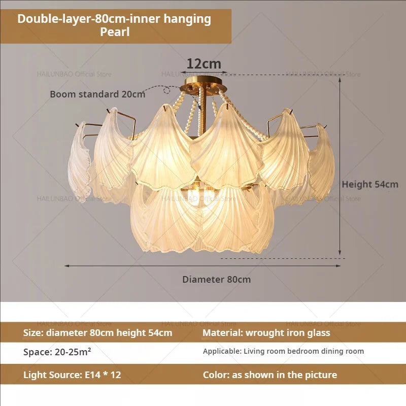 Pearl Crystal Chandelier for Dining Living Bedroom, Elegant French Shell Glass Light