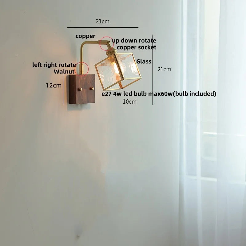 Walnut Glass LED Wall Light: Modern Brass Rotatable Bedside Lamp