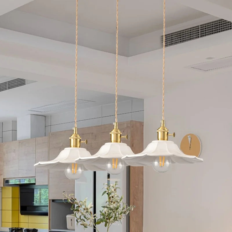 White Ceramic LED Pendant Lamp with Copper Switch - Flower Hanging Light