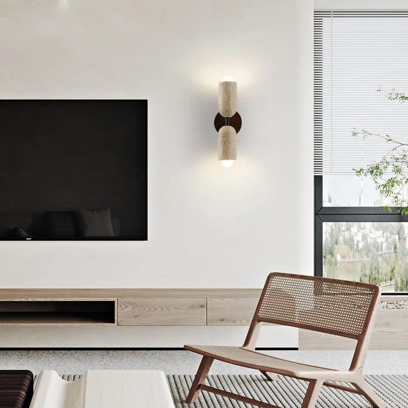 LED Wall Light Fixture Travertine Stone Wood Canopy Bedside Lamp