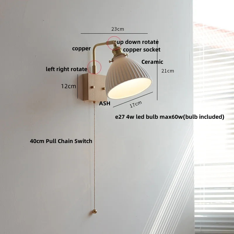 Nordic LED Walnut Wood Wall Lamp with Rotating Ceramic Copper Pull Chain Switch