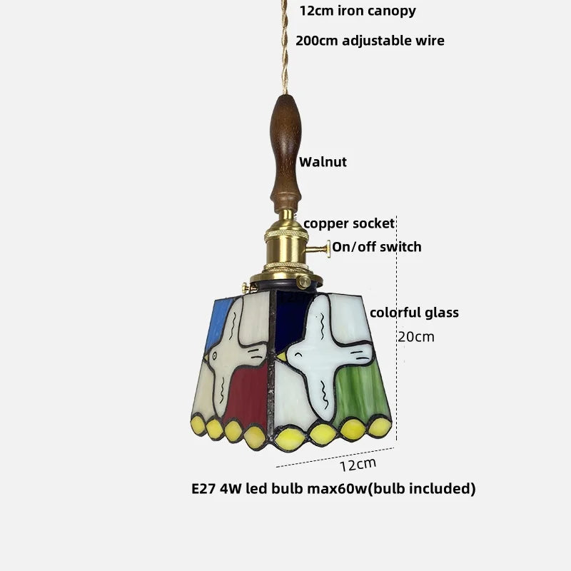 Peace Dove Tiffany Style LED Pendant Lamp - Colorful Glass, Copper Knob Switch