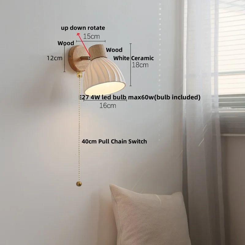 White Ceramic Wood LED Wall Light Fixture Pull Chain Switch Bedside Lamp